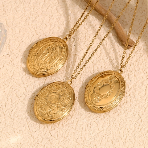 Vintage Roestvrij Staal Ovaal Medaillon Ketting Voor Vrouwen 18K Verguld Gegraveerde Bloem Religieus Portret Fotolijst Hanger Sieraden