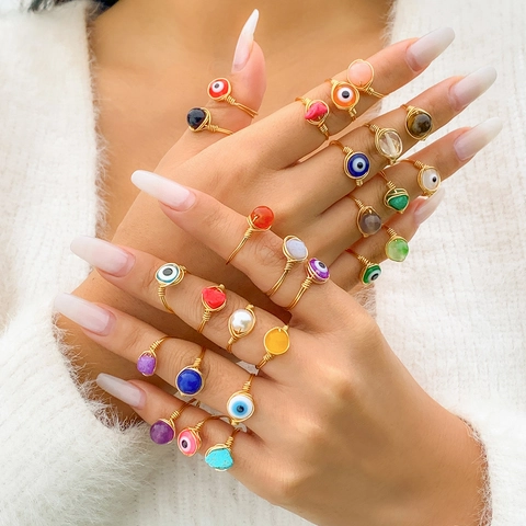 Hand Wrapped Wire Ring Gold Plated Copper Ethnic Evil Eye Natural Stone Bohemian Witchy Jewelry For Women