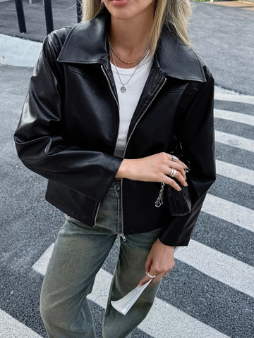 Chaqueta De Cuero PU Para Mujer Piel Sintética Manga Larga Cuello De Solapa Cierre De Cremallera Street Style Otoño Invierno