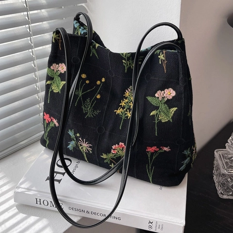 Vintage Blumenstickerei Canvas Umhängetasche Große Kapazität Damen Lässige Eimer Tote Handtasche