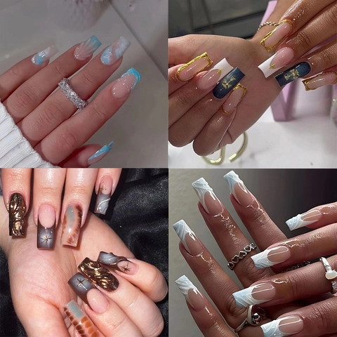 Press On Nails Long Coffin Square Artificial False Nails 3D Embossed Designs French Style DIY Manicure Women