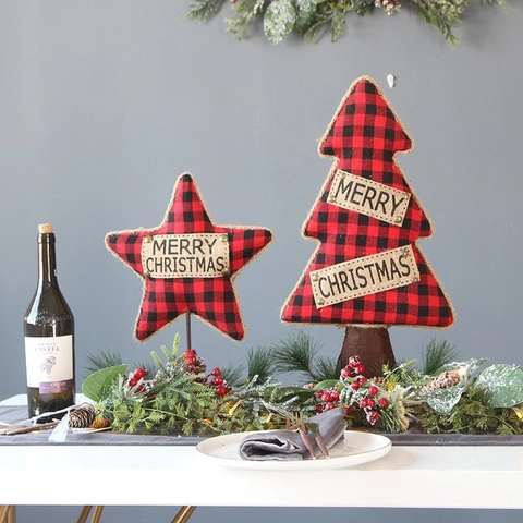 Christmas Desktop Ornaments Buffalo Plaid Fabric Burlap Rustic Farmhouse Wood Base Xmas Tree Star Horse Table Decorations
