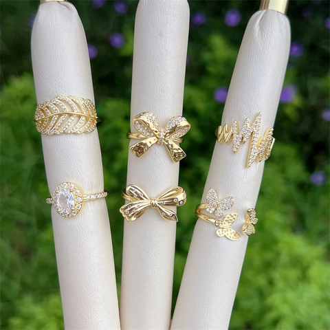 Verstellbare Ringe Kupfer 18K Vergoldet Zirkonia Schmetterling Schleife Blatt Herzschlag Mode Elegant Für Frauen Mädchen