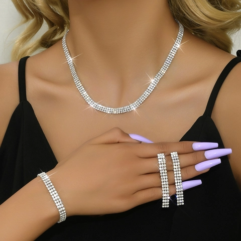 Lujoso Conjunto de Joyas de Strass Plateado para Mujer Boda Nupcial Juego de 3 Piezas Collar Pendientes Pulsera