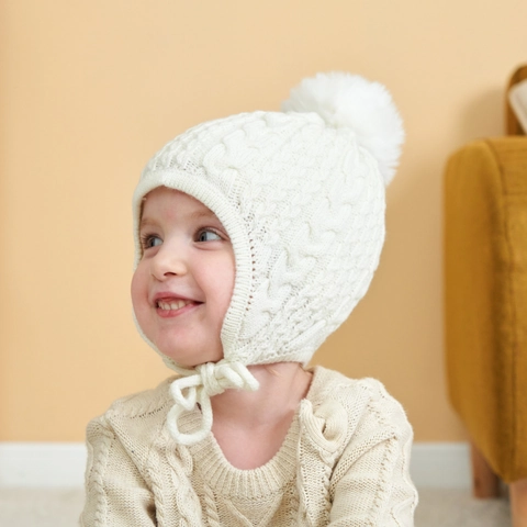 Baby Knit Hat Acrylic Cable Pattern Pom Pom Earflap Winter Warm Windproof Tie Straps Toddler Infant Cute Soft Beanie