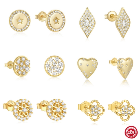 S925 Sterling Silver Stud Earrings For Women Geometric Round Heart Flower Zirconia Gold Platinum Plated Minimalist Commuter Earrings Jewelry
