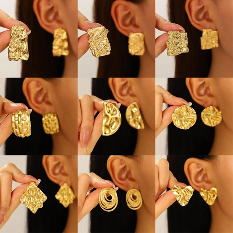 Vintage Hammered Stainless Steel Earrings Irregular Geometric Textured Gold Silver Plated Jewelry For Women