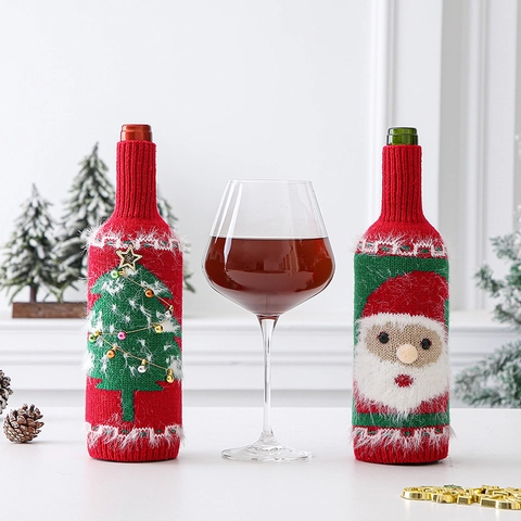 Housses De Bouteille De Vin De Noël Tricotées Père Noël Bonhomme De Neige Décor De Table Champagne Nouveauté Festive