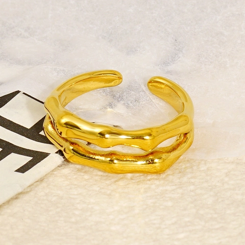 Irregular Organic Ripple Ring 18K Gold Plated Stainless Steel Adjustable Minimalist Jewelry For Women