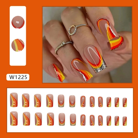 Press On Nails Long Square French Retro Wave Pattern Red Orange Yellow Warm Gradient Glitter Artificial Fake Nails
