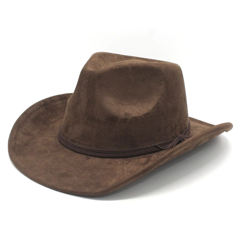 Western Cowboy Hat Faux Suede Wide Brim Retro Fedora With Decorative Strap Outdoor Casual Sun Hat Unisex