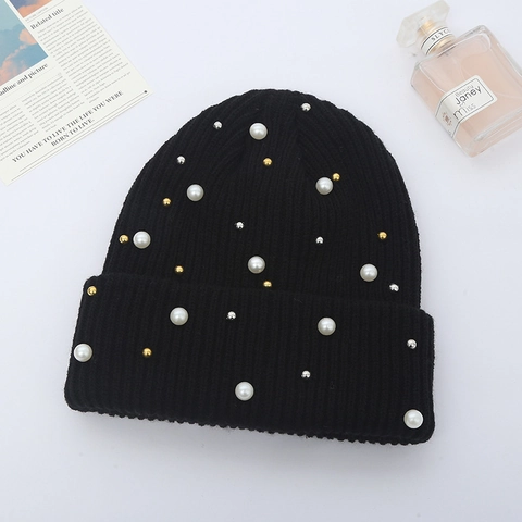 Women Knitted Beanie Hat Ribbed Acrylic Winter Warm Cap With Faux Artificial Pearls And Metal Studs Elegant Casual Outdoor Style