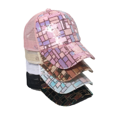 Damen Pailletten Netz Baseballkappe Glitzer Schachbrettmuster Atmungsaktiv Sonnenhut Verstellbar Outdoor Mode Trucker Hat