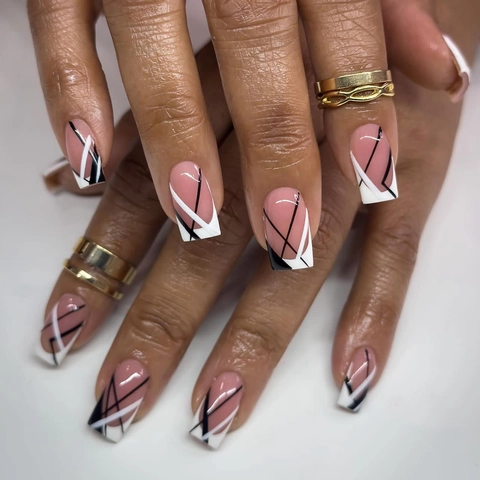 Press On Nails Square French Style Geometric Black White Lines Nude Pink Artificial Fake Nails For Women Reusable