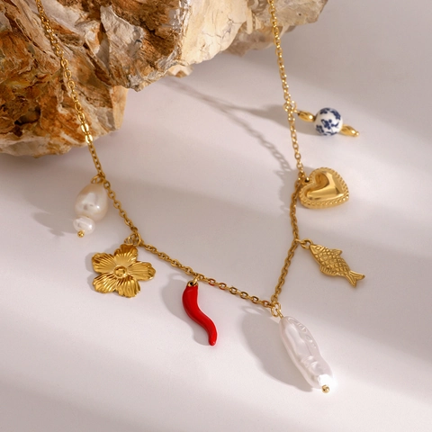 Collar De Acero Inoxidable Con Perla Barroca Artificial Cuenta De Cerámica Corazón Flor Pez Y Chiles Joyería Boho Para Mujer