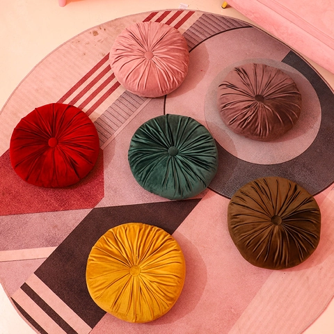 Round Dutch Velvet Throw Pillow Pleated Pumpkin Design Soft Decorative Cushion For Sofa Couch Floor Nordic Style