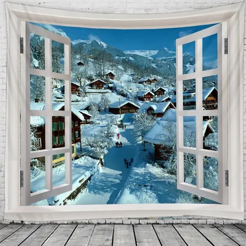 Arazzo Da Parete In Poliestere Vista Finestra 3D Paesaggio Decorazione Camera Estetica Arte Casa