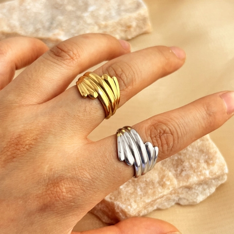 18K Vergulde Roestvrijstalen Open Ring Dames Golf Geplooid Geribbeld Geometrische Textuur Verstelbare Mode Sieraden