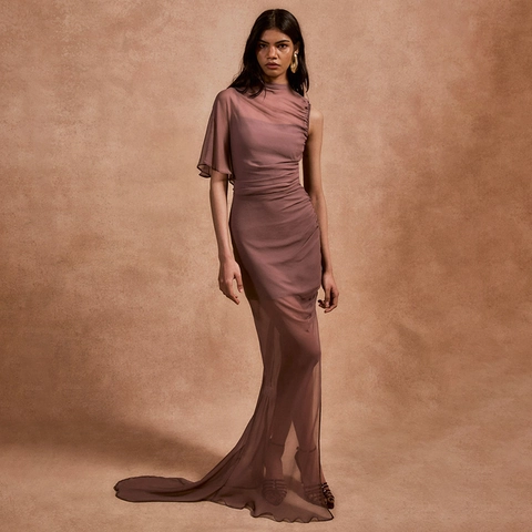 Vestito Maxi Monospalla Da Donna Chiffon Di Künstliche Perle Raso Di Latte Spacco Asimmetrico Arricciato Sexy Elegante Estate Abito Lungo