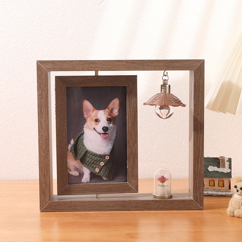 Marco De Fotos Giratorio De Madera De Doble Cara Marco De Fotos De Sobremesa Con Mini Linterna Decorativa Y Cúpula De Vidrio