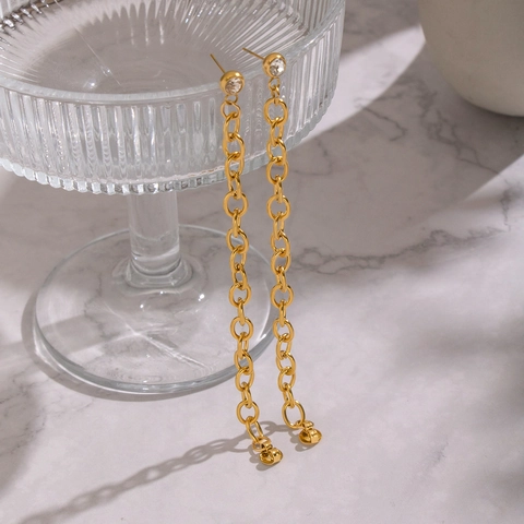 Geometric Tassel Chain Stud Earrings 304 Stainless Steel Gold Plated Rhinestone Waterproof Minimalist Jewelry For Women