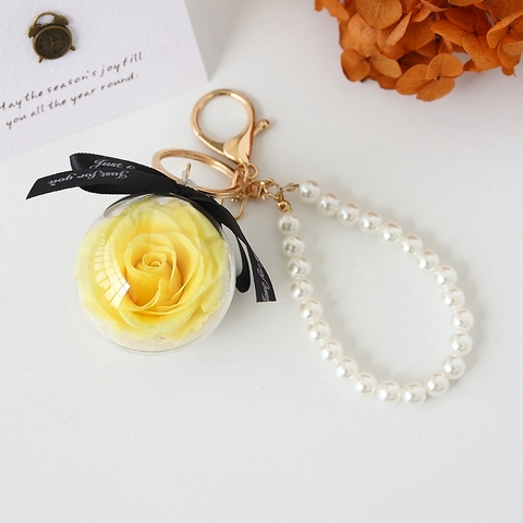 Eeuwige Roos Geconserveerde Bloem Sleutelhanger Acryl Bal Tas Hanger Met Imitatie Kunstparel Lint Valentijnsdag Cadeau