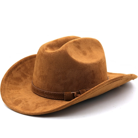Unisex Western Cowboy Hat Wide Curved Brim Suede Felt Retro Outdoor Sun Protection Adjustable Pinched Crown Classic Style