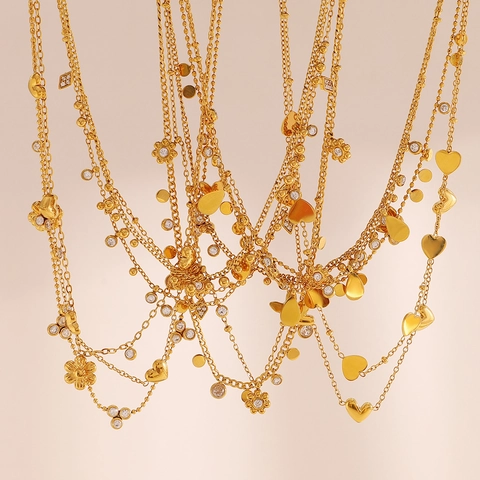 Stainless Steel Necklace 18K Gold Plated Zirconia Heart Flower Butterfly Water Drop Pendant Adjustable Chain For Women