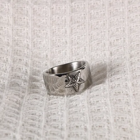 Polished Stainless Steel Wide Band Ring With Pentagram Star Relief Punk Fashion Jewelry For Men