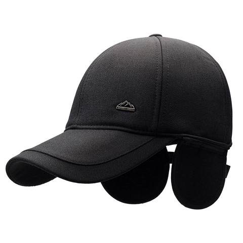 Men Winter Baseball Cap With Ear Flaps Windproof Warm Cotton Outdoor Sports Hat Mountain Metal Logo Adjustable