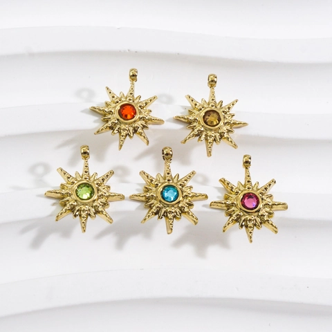 North Star Sunburst Charm Stainless Steel 14K Gold Plated Colorful Zircon Pendant DIY Jewelry Making Findings