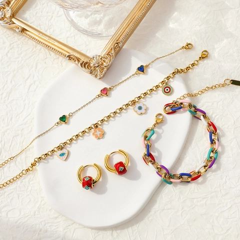 Stainless Steel Bracelet Earrings Colorful Enamel Evil Eye Heart Floral Gold Plated Vintage Fashion Jewelry For Women