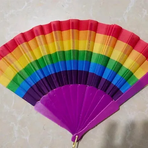 Rainbow Stripe Folding Fan Plastic Frame Satin Fabric Portable Hand Fan For Dance Rave Party Pride Summer