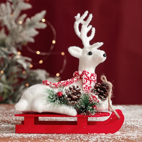 Decorazioni Natalizie Animali Floccati Bianchi Slitta Legno Rossa Pupazzo Neve Renna Orso Polare Scoiattolo Addobbi Tavola