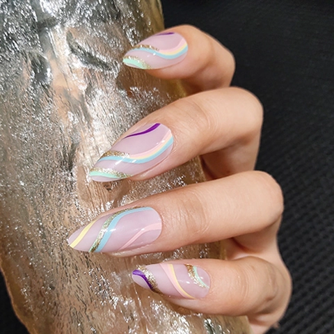 Aufdrücknägel Lang Mandelform Buntes Regenbogen Wellenmuster Glitzer Glänzende ABS Künstliche Fingernägel Für Damen