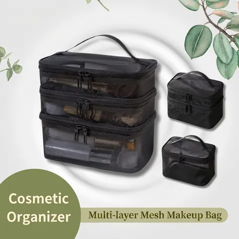 Mesh Cosmetic Bag Travel Toiletry Organizer Portable Large Capacity Makeup Pouch With Handle Zipper Multi Layer