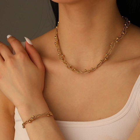 Joyas De Acero Inoxidable Collar Pulsera Tobillera Cadena De Cuerda Retorcida Cuentas Pequeñas Accesorio De Moda Multicapa Para Mujer