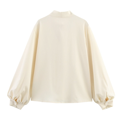 Women Blouse Shirt Elegant Tie Neck Bow Lace Patchwork Lantern Long Sleeve Solid Color Artificial Pearl Button Office Lady Tops