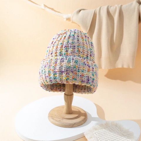 Women Warm Winter Knit Beanie Hat Soft Acrylic Multi Color Confetti Slouchy Retro Thick Cuffed Skull Cap