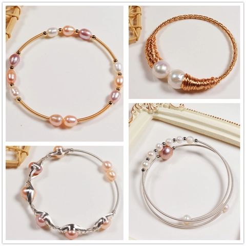 Freshwater Pearl Bracelet Handmade Wire Wrapped Copper Alloy Bangle Double Layer Elegant Jewelry For Women Gift
