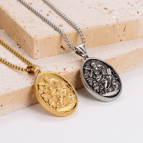 Sint Marcus Gevleugelde Leeuw Reliëf Hanger Ketting 304 Roestvrij Staal Ovaal Medaillon Vintage Religieuze Sieraden