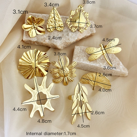 Gold Plated Stainless Steel Adjustable Rings Nature Ginkgo Leaf Dragonfly Heart Flower Minimalist Jewelry For Women