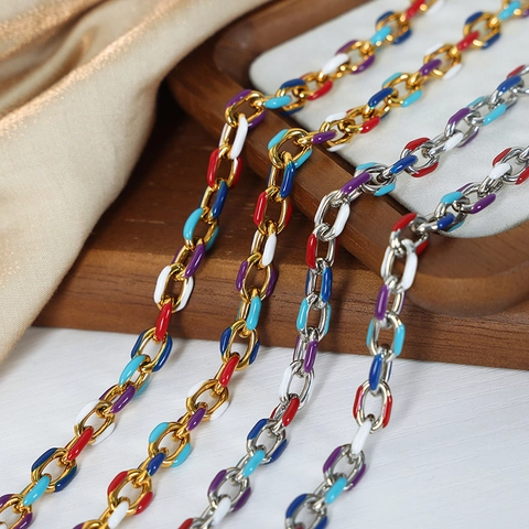 Ensemble de Bijoux en Acier Titane Émail Coloré pour Femmes Plqué Or Chaîne à Maillons Carrés Collier Bracelet Mode