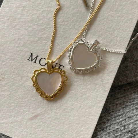Collana A Cuore In Argento Sterling 925 Con Madreperla Bianca Bordo Festonato Ciondolo Retro Elegante Gioielli Donna