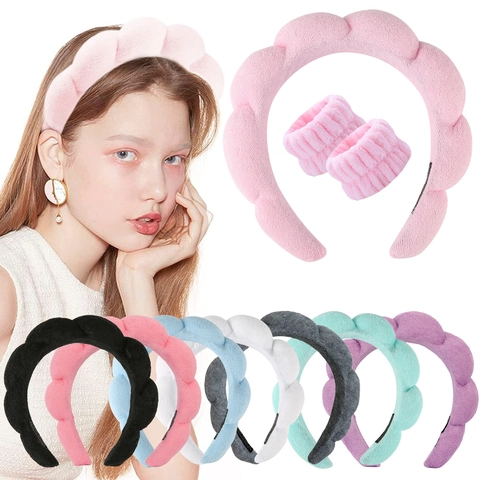 Puffy Spa Headband And Wristbands For Face Washing Makeup Skincare Sponge Terry Cloth Cloud Design Women Hair Accessory