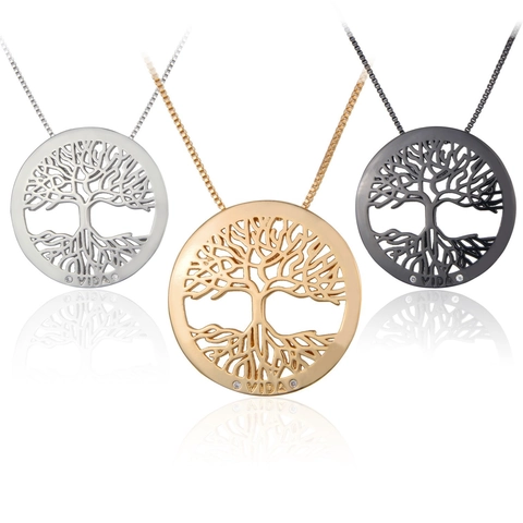 Tree Of Life Round Hollow Pendant Necklace Copper Zircon Vida Engraving Fashion Jewelry For Women