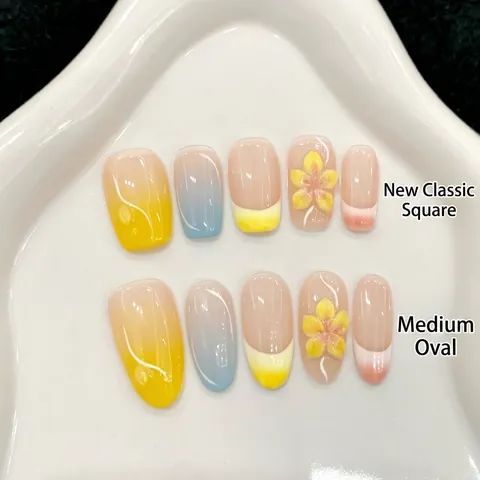Faux Ongles Faits Main Sculpture Florale Stéréoscopique Dégradé Macaron Été Amovible Formes Ovales Carrées Pour Femmes