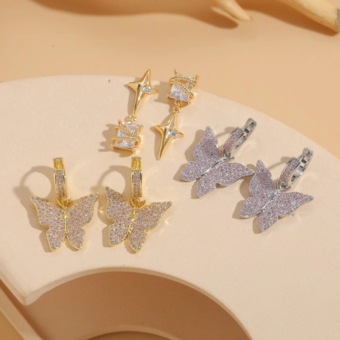 Niche Design Star Butterfly Zirconia Earrings For Women 14K Gold Plated Copper Geometric Stud Earrings Elegant Party Jewelry