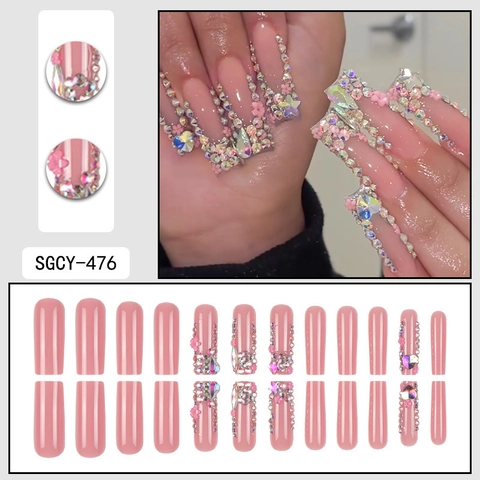 Extra Long Coffin Press On Nails Pink With 3D Flowers And Rhinestone Luxury Heart False Nails For Women Glossy