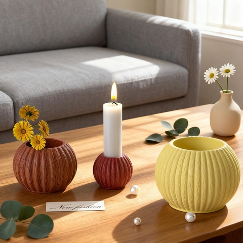 Round Striped Silicone Mold For Candlestick Holder DIY Resin Casting Ribbed Texture Jar Gypsum Flower Pot Crafting